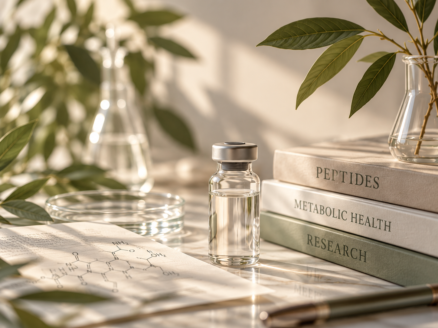 Researchopstelling met vial, glaswerk, onderzoeksdocumenten en natuurlijke elementen