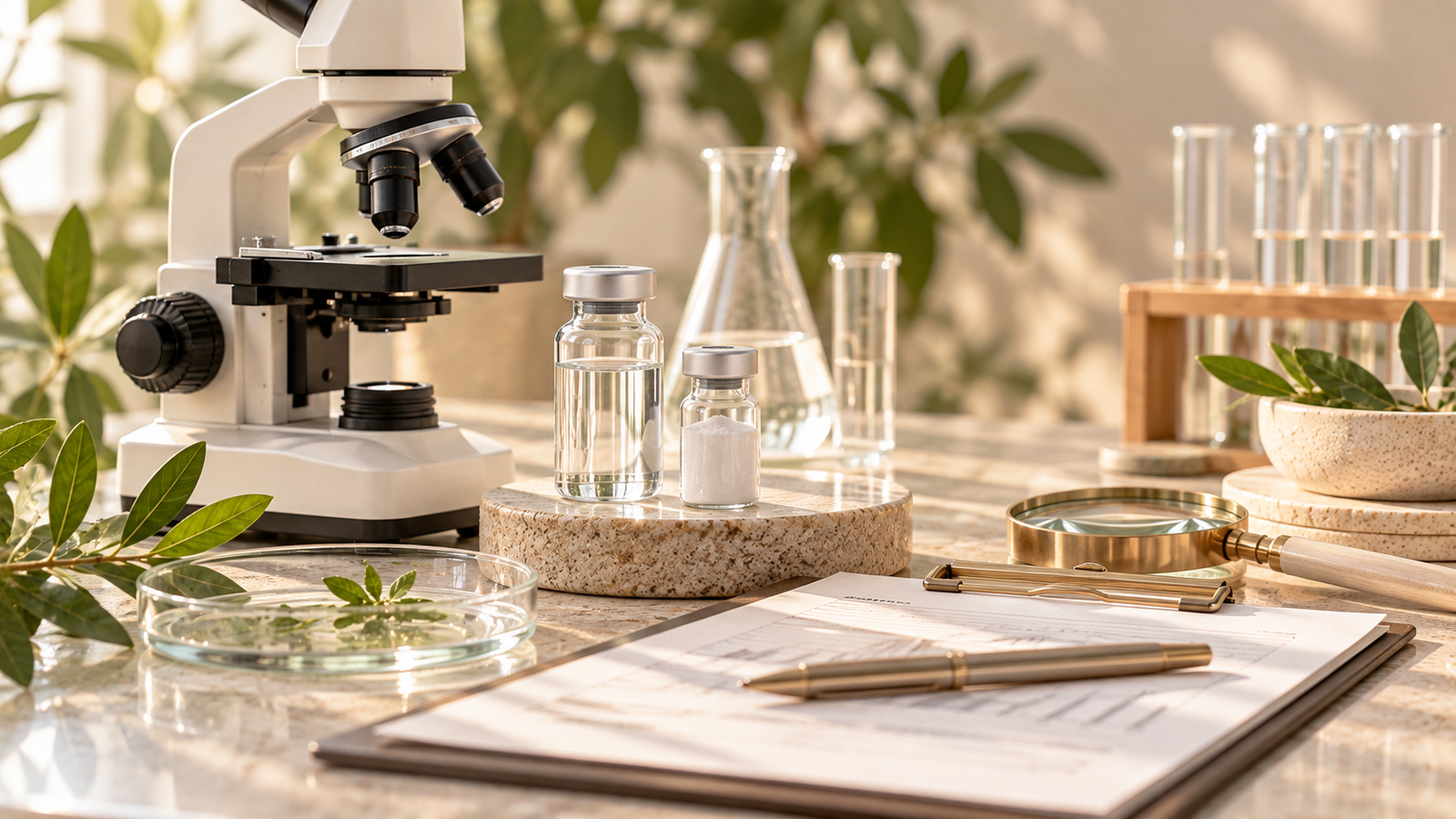 Laboratoriumopstelling met microscoop en analysemateriaal