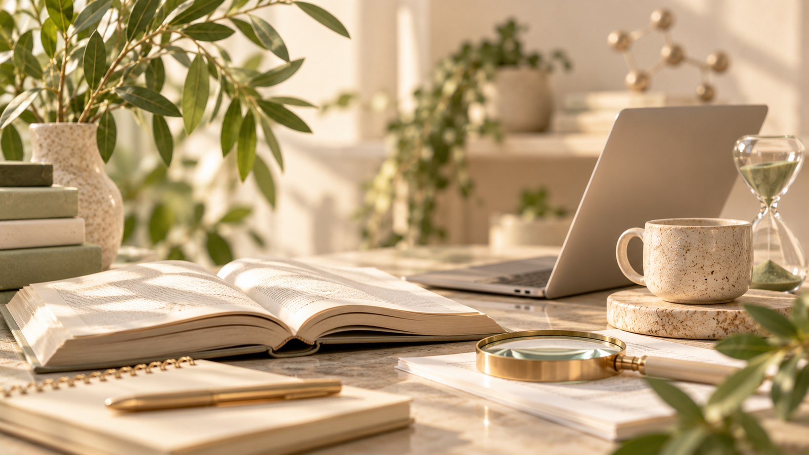 Onderzoeksboeken, laptop en vergrootglas voor wetenschappelijke evidence